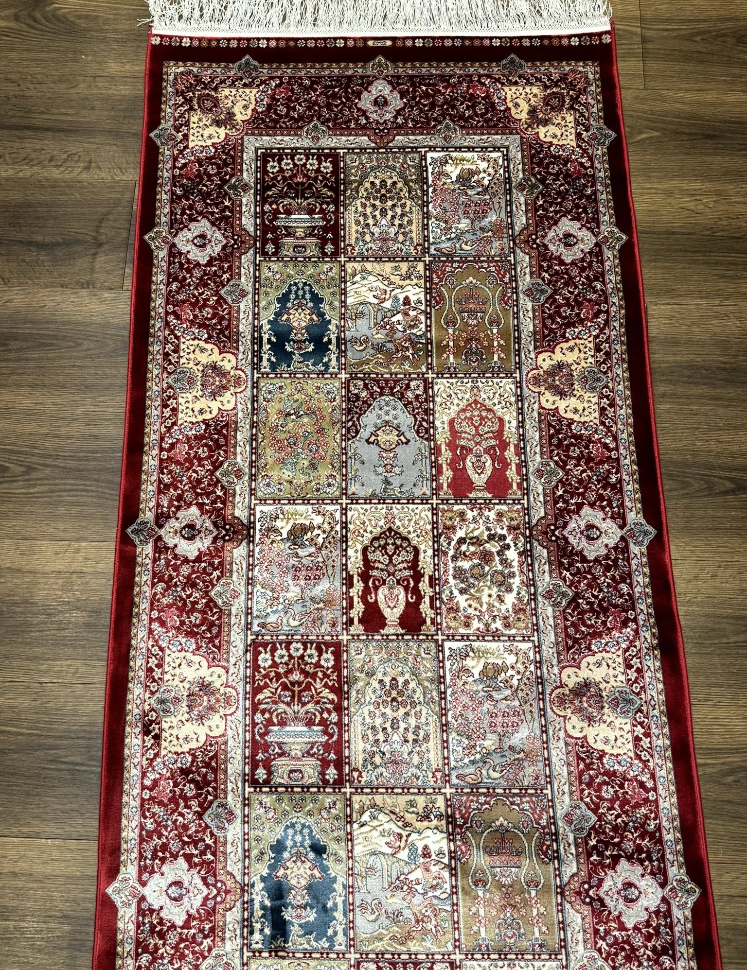 Turkish Silk Runner Rug 2.6 x 11.6, Panel Design, Dark Red Ivory, Bamboo Silk, New - Jewel RugsShopify CollectiveHUNTEDFOX - Turkish Silk Runner Rug 2.6 x 11.6, Panel Design, Dark Red Ivory, Bamboo Silk, New