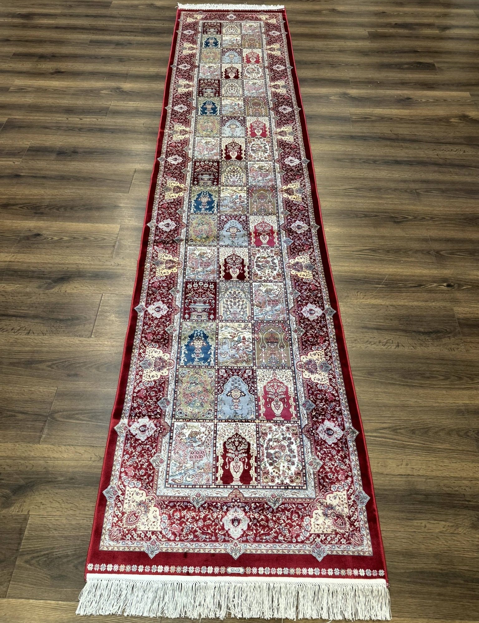 Turkish Silk Runner Rug 2.6 x 11.6, Panel Design, Dark Red Ivory, Bamboo Silk, New - Jewel RugsShopify CollectiveHUNTEDFOX - Turkish Silk Runner Rug 2.6 x 11.6, Panel Design, Dark Red Ivory, Bamboo Silk, New
