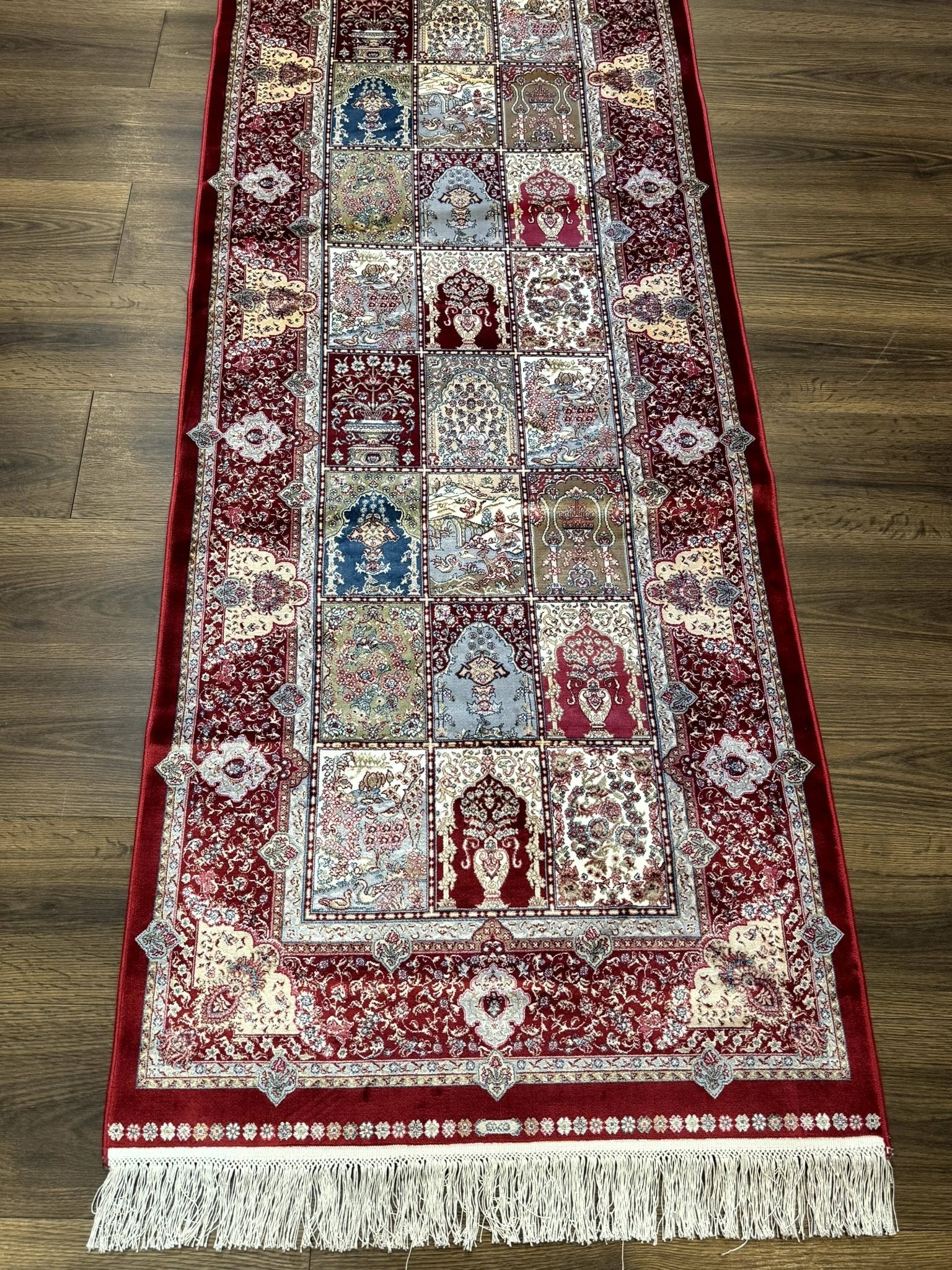 Turkish Silk Runner Rug 2.6 x 11.6, Panel Design, Dark Red Ivory, Bamboo Silk, New - Jewel RugsShopify CollectiveHUNTEDFOX - Turkish Silk Runner Rug 2.6 x 11.6, Panel Design, Dark Red Ivory, Bamboo Silk, New