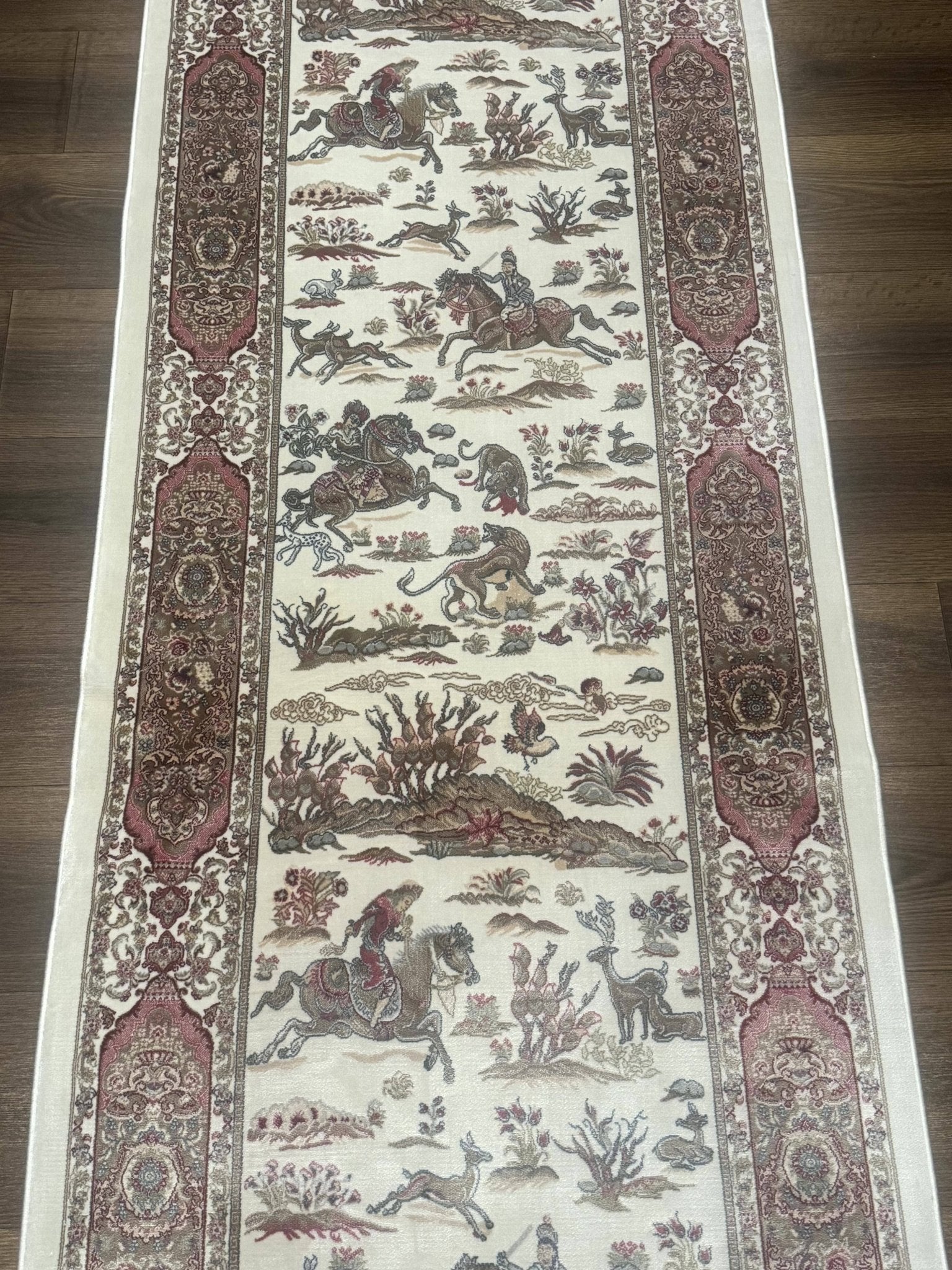 Turkish Silk Runner Rug 2.6 x 8, Hunting Design, Ivory, Bamboo Silk, New - Jewel RugsShopify CollectiveHUNTEDFOX - Turkish Silk Runner Rug 2.6 x 8, Hunting Design, Ivory, Bamboo Silk, New