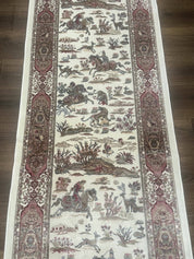 Turkish Silk Runner Rug 2.6 x 8, Hunting Design, Ivory, Bamboo Silk, New - Jewel RugsShopify CollectiveHUNTEDFOX - Turkish Silk Runner Rug 2.6 x 8, Hunting Design, Ivory, Bamboo Silk, New