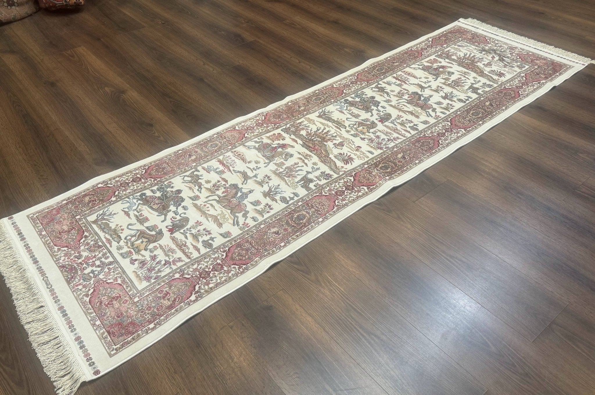 Turkish Silk Runner Rug 2.6 x 8, Hunting Design, Ivory, Bamboo Silk, New - Jewel RugsShopify CollectiveHUNTEDFOX - Turkish Silk Runner Rug 2.6 x 8, Hunting Design, Ivory, Bamboo Silk, New