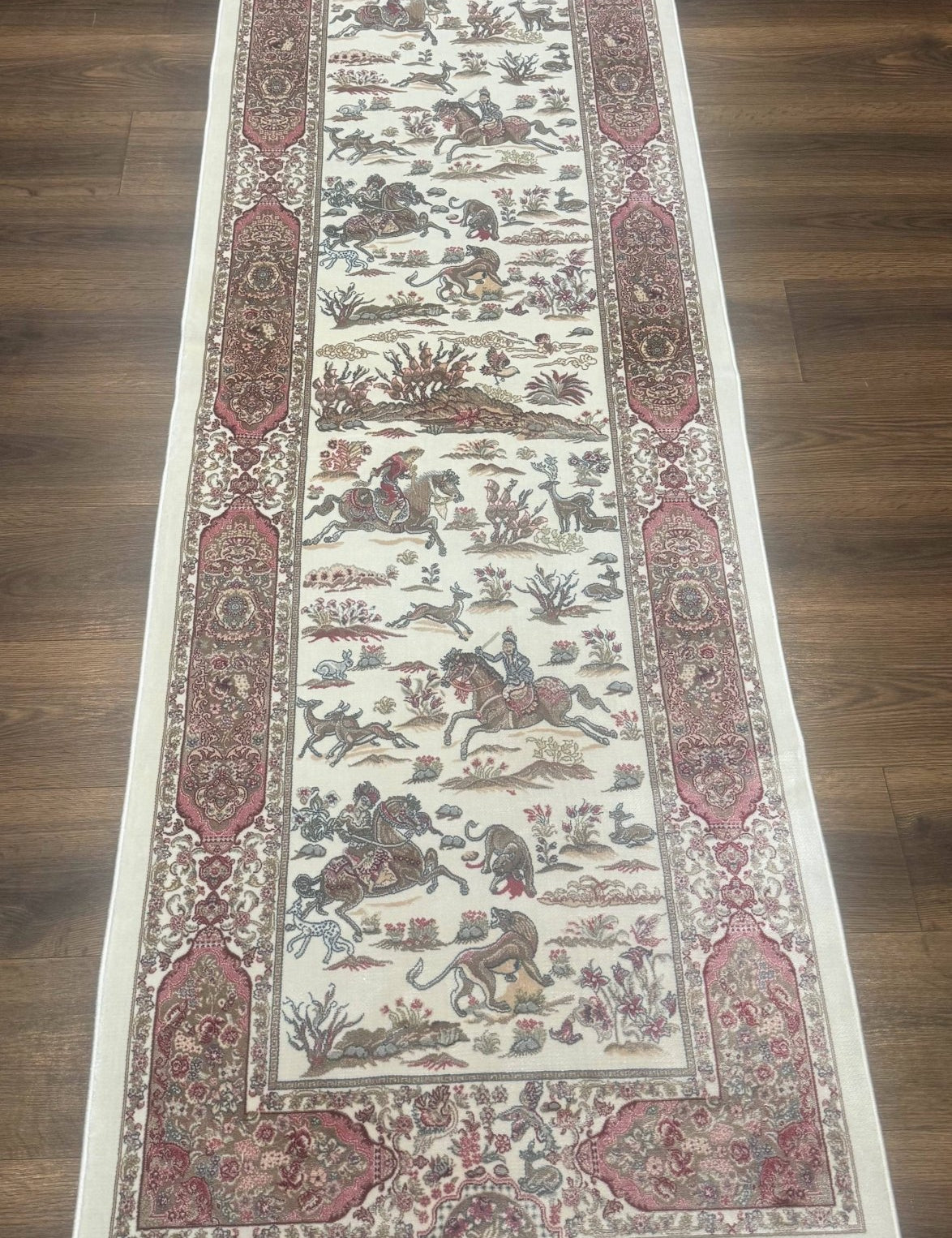 Turkish Silk Runner Rug 2.6 x 8, Hunting Design, Ivory, Bamboo Silk, New - Jewel RugsShopify CollectiveHUNTEDFOX - Turkish Silk Runner Rug 2.6 x 8, Hunting Design, Ivory, Bamboo Silk, New
