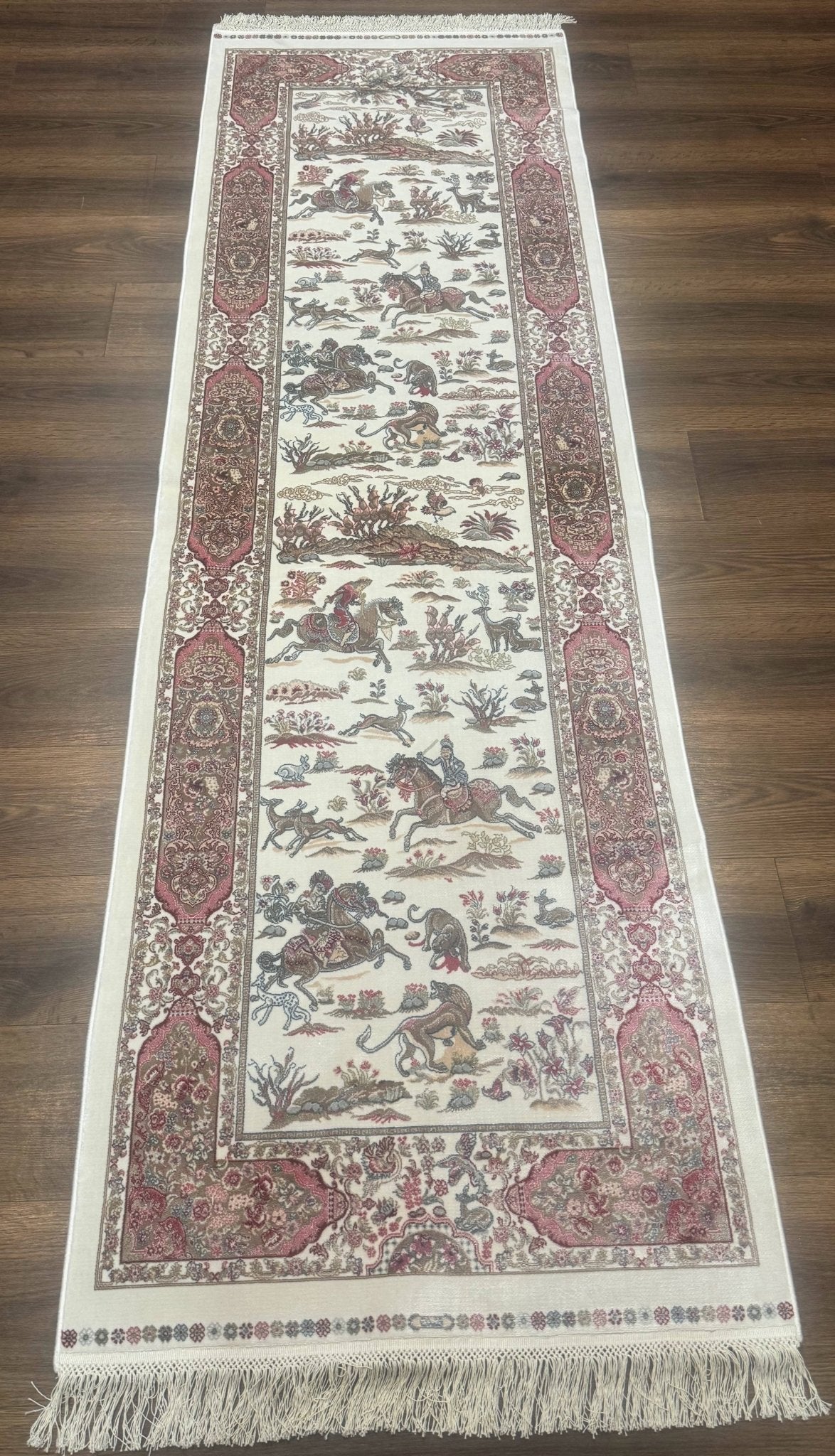 Turkish Silk Runner Rug 2.6 x 8, Hunting Design, Ivory, Bamboo Silk, New - Jewel RugsShopify CollectiveHUNTEDFOX - Turkish Silk Runner Rug 2.6 x 8, Hunting Design, Ivory, Bamboo Silk, New