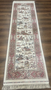 Turkish Silk Runner Rug 2.6 x 8, Hunting Design, Ivory, Bamboo Silk, New - Jewel RugsShopify CollectiveHUNTEDFOX - Turkish Silk Runner Rug 2.6 x 8, Hunting Design, Ivory, Bamboo Silk, New