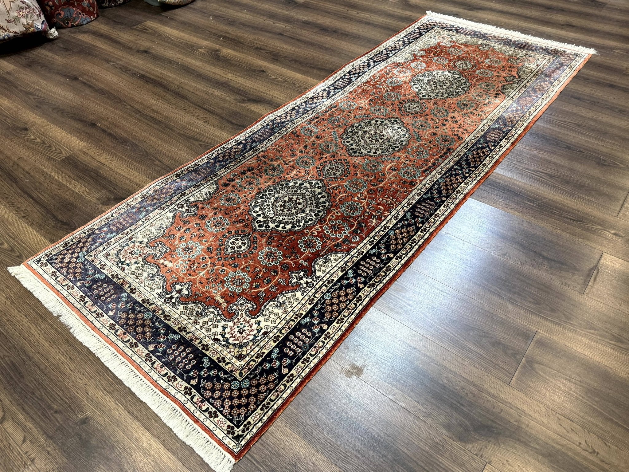 Turkish Silk Runner Rug 3x8, Short Runner Rug, Red, Floral Medallions, Very Fine 360 KPSI, 3 x 8 Runner - Jewel RugsShopify CollectiveHUNTEDFOX - Turkish Silk Runner Rug 3x8, Short Runner Rug, Red, Floral Medallions, Very Fine 360 KPSI, 3 x 8 Runner