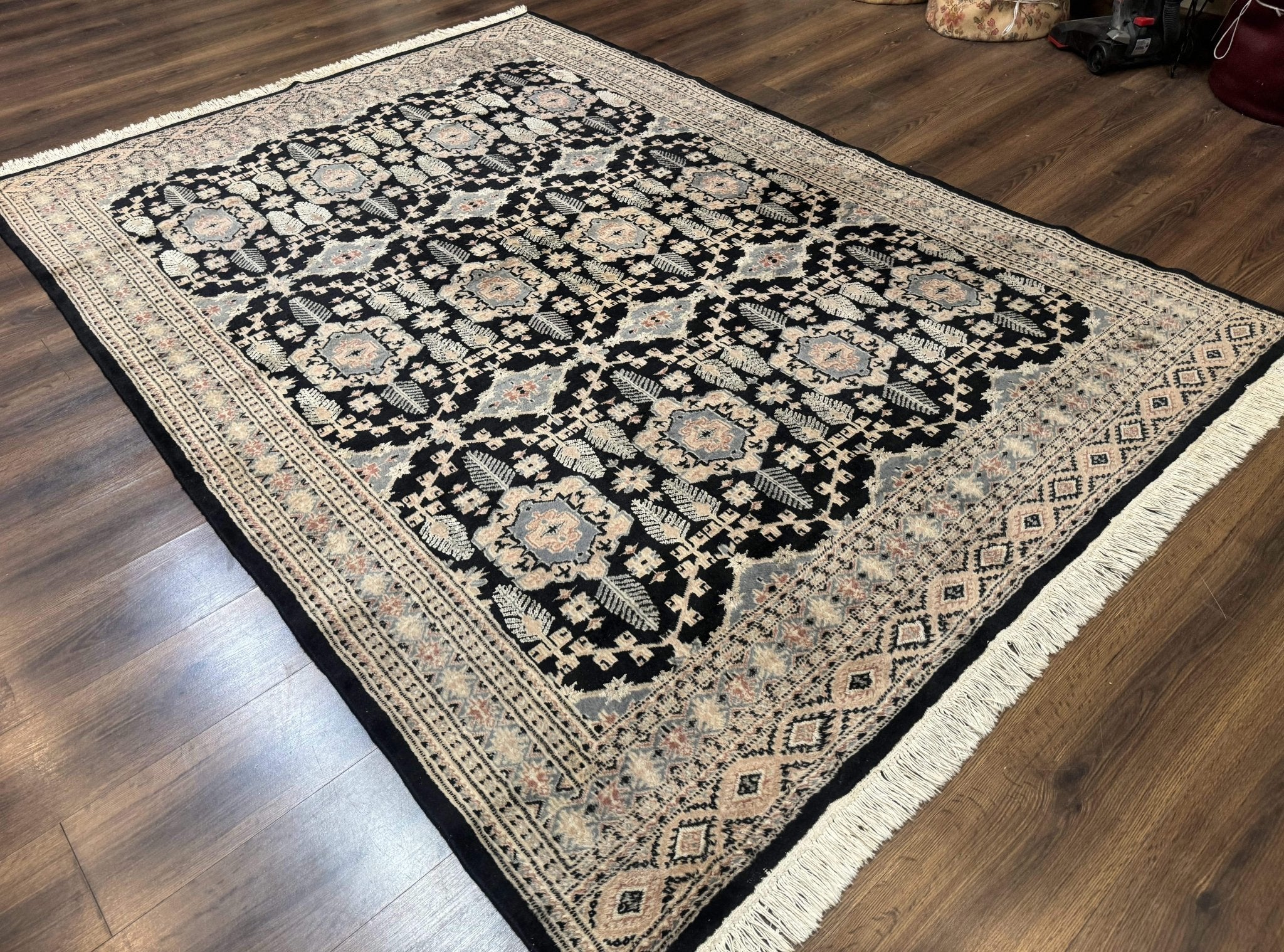 Turkoman Bokhara Rug 6x9, Pakistani Carpet, Black, Hand Knotted - Jewel RugsShopify CollectiveHUNTEDFOX - Turkoman Bokhara Rug 6x9, Pakistani Carpet, Black, Hand Knotted