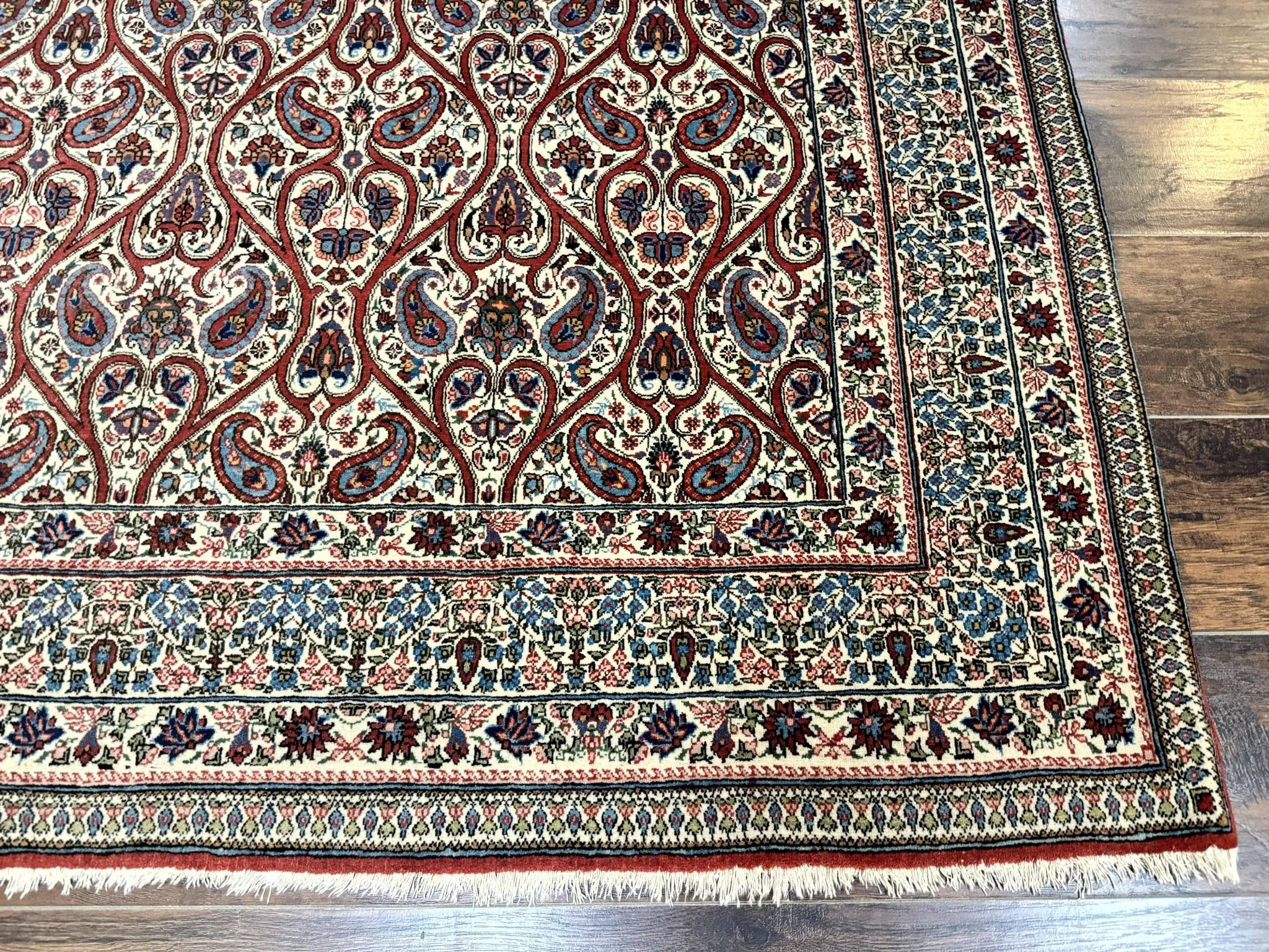 Unique Persian Qum Rug 5x7, Repeated Paisely Boteh Design, Ivory Red Blue, Handmade Antique Wool Persian Carpet, Finely Hand Knotted - Jewel RugsShopify CollectiveHUNTEDFOX - Unique Persian Qum Rug 5x7, Repeated Paisely Boteh Design, Ivory Red Blue, Handmade Antique Wool Persian Carpet, Finely Hand Knotted