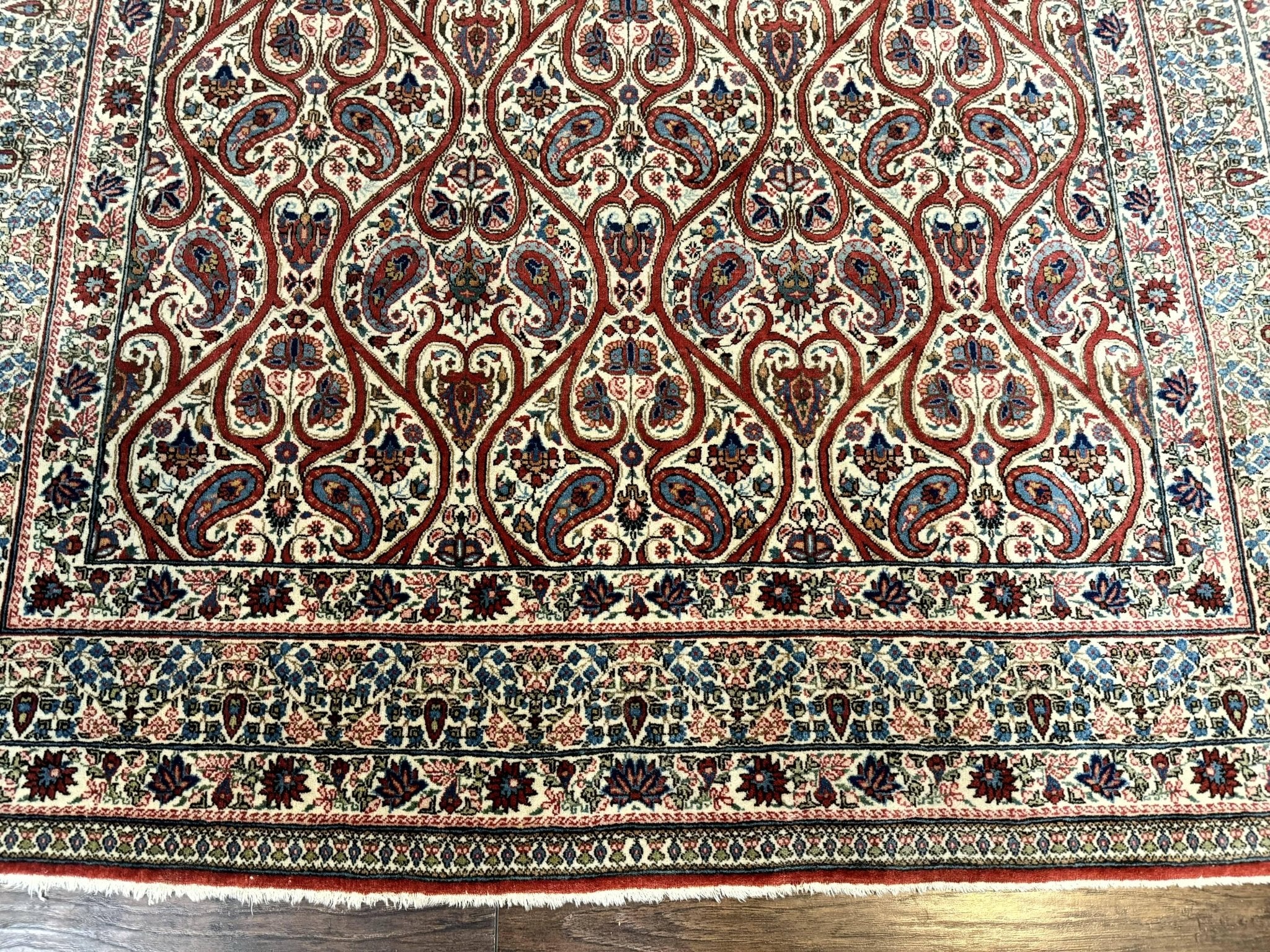 Unique Persian Qum Rug 5x7, Repeated Paisely Boteh Design, Ivory Red Blue, Handmade Antique Wool Persian Carpet, Finely Hand Knotted - Jewel RugsShopify CollectiveHUNTEDFOX - Unique Persian Qum Rug 5x7, Repeated Paisely Boteh Design, Ivory Red Blue, Handmade Antique Wool Persian Carpet, Finely Hand Knotted