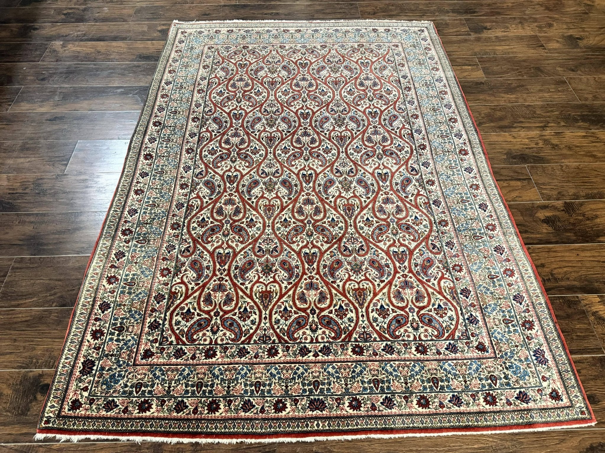 Unique Persian Qum Rug 5x7, Repeated Paisely Boteh Design, Ivory Red Blue, Handmade Antique Wool Persian Carpet, Finely Hand Knotted - Jewel RugsShopify CollectiveHUNTEDFOX - Unique Persian Qum Rug 5x7, Repeated Paisely Boteh Design, Ivory Red Blue, Handmade Antique Wool Persian Carpet, Finely Hand Knotted