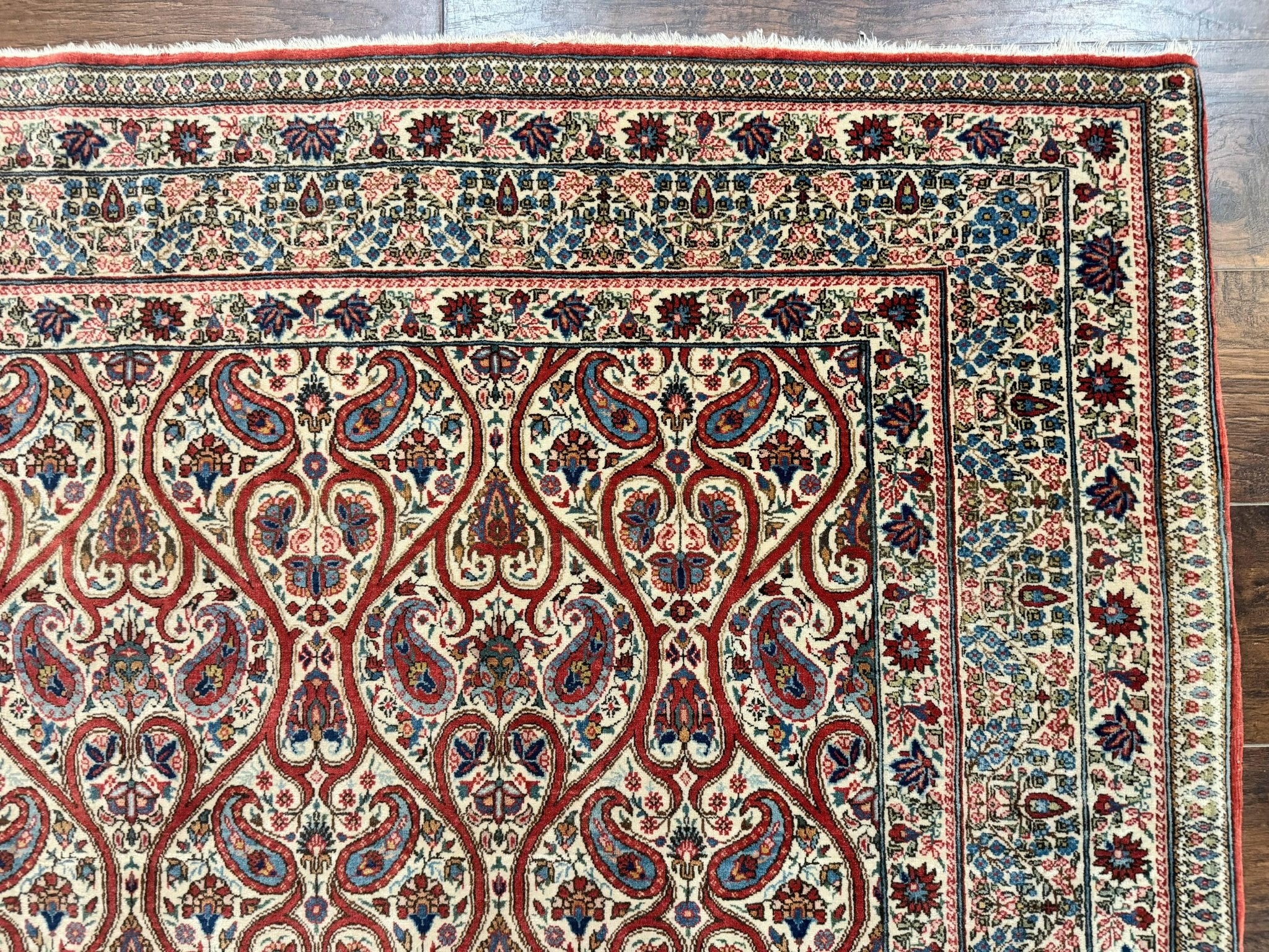 Unique Persian Qum Rug 5x7, Repeated Paisely Boteh Design, Ivory Red Blue, Handmade Antique Wool Persian Carpet, Finely Hand Knotted - Jewel RugsShopify CollectiveHUNTEDFOX - Unique Persian Qum Rug 5x7, Repeated Paisely Boteh Design, Ivory Red Blue, Handmade Antique Wool Persian Carpet, Finely Hand Knotted