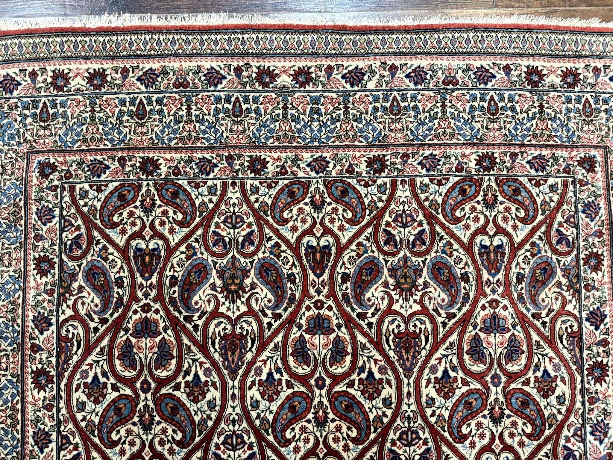Unique Persian Qum Rug 5x7, Repeated Paisely Boteh Design, Ivory Red Blue, Handmade Antique Wool Persian Carpet, Finely Hand Knotted - Jewel RugsShopify CollectiveHUNTEDFOX - Unique Persian Qum Rug 5x7, Repeated Paisely Boteh Design, Ivory Red Blue, Handmade Antique Wool Persian Carpet, Finely Hand Knotted
