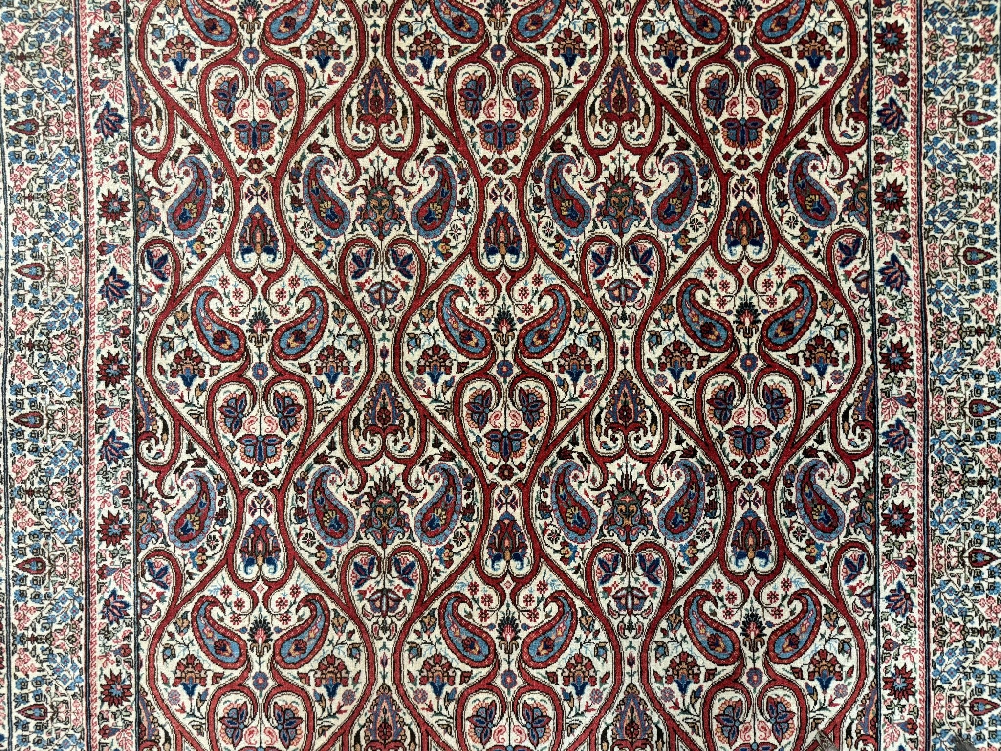 Unique Persian Qum Rug 5x7, Repeated Paisely Boteh Design, Ivory Red Blue, Handmade Antique Wool Persian Carpet, Finely Hand Knotted - Jewel RugsShopify CollectiveHUNTEDFOX - Unique Persian Qum Rug 5x7, Repeated Paisely Boteh Design, Ivory Red Blue, Handmade Antique Wool Persian Carpet, Finely Hand Knotted