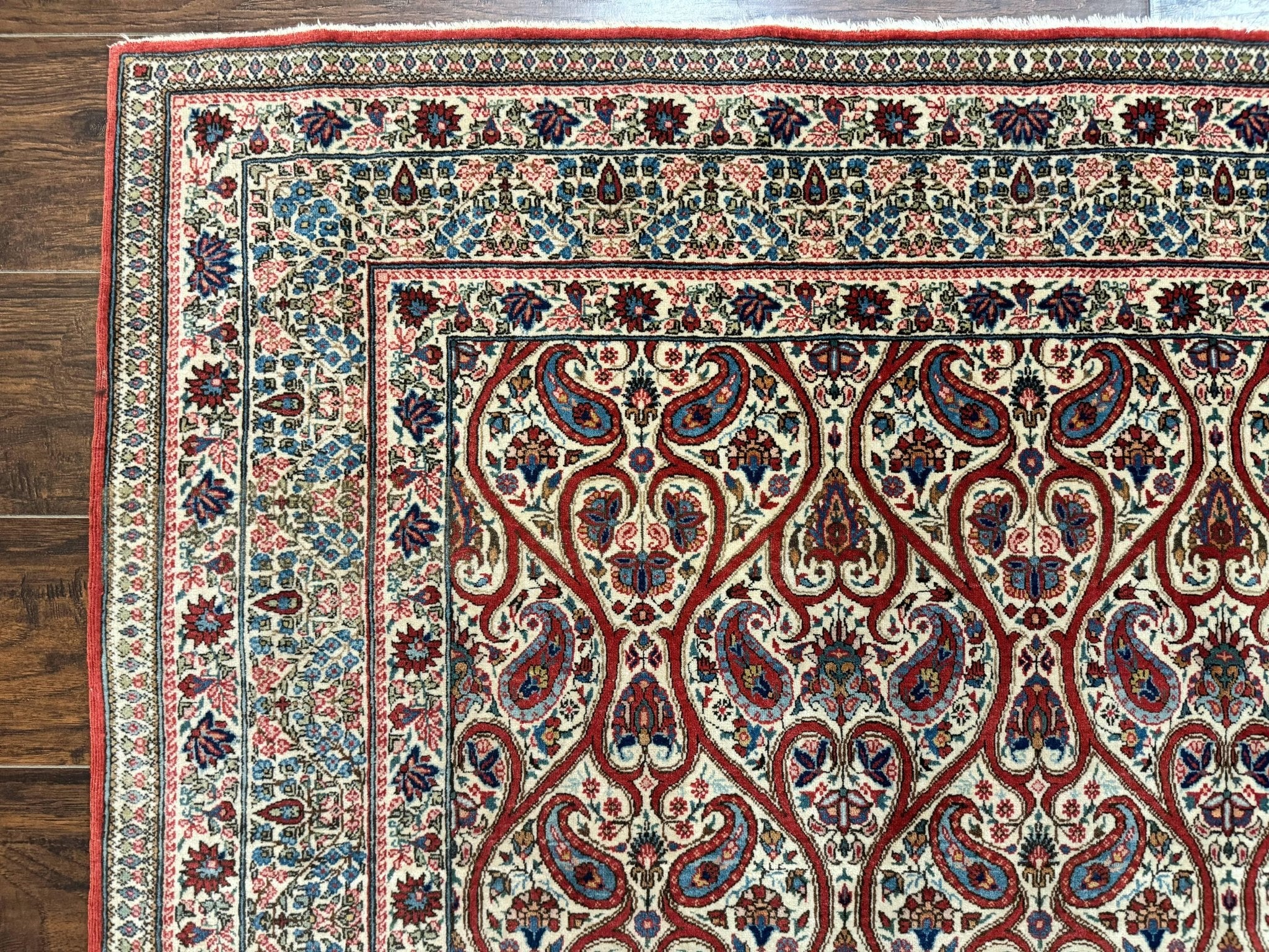 Unique Persian Qum Rug 5x7, Repeated Paisely Boteh Design, Ivory Red Blue, Handmade Antique Wool Persian Carpet, Finely Hand Knotted - Jewel RugsShopify CollectiveHUNTEDFOX - Unique Persian Qum Rug 5x7, Repeated Paisely Boteh Design, Ivory Red Blue, Handmade Antique Wool Persian Carpet, Finely Hand Knotted