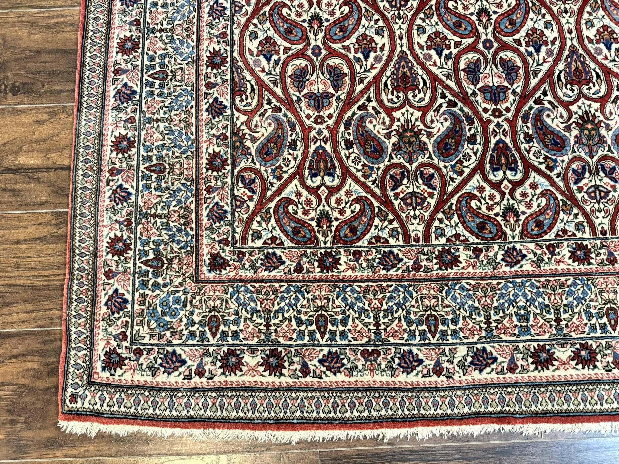 Unique Persian Qum Rug 5x7, Repeated Paisely Boteh Design, Ivory Red Blue, Handmade Antique Wool Persian Carpet, Finely Hand Knotted - Jewel RugsShopify CollectiveHUNTEDFOX - Unique Persian Qum Rug 5x7, Repeated Paisely Boteh Design, Ivory Red Blue, Handmade Antique Wool Persian Carpet, Finely Hand Knotted