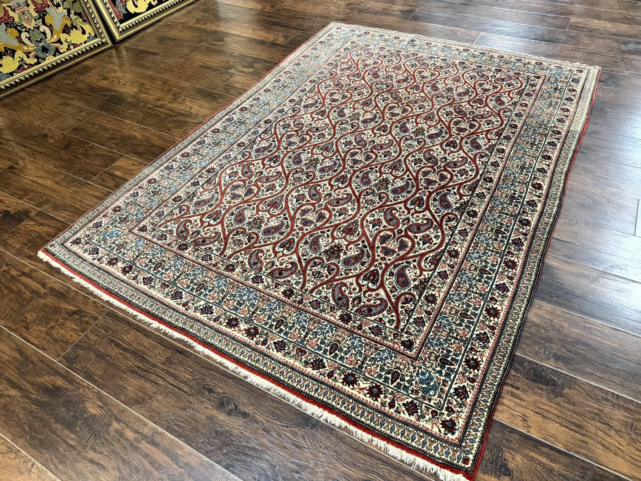 Unique Persian Qum Rug 5x7, Repeated Paisely Boteh Design, Ivory Red Blue, Handmade Antique Wool Persian Carpet, Finely Hand Knotted - Jewel RugsShopify CollectiveHUNTEDFOX - Unique Persian Qum Rug 5x7, Repeated Paisely Boteh Design, Ivory Red Blue, Handmade Antique Wool Persian Carpet, Finely Hand Knotted