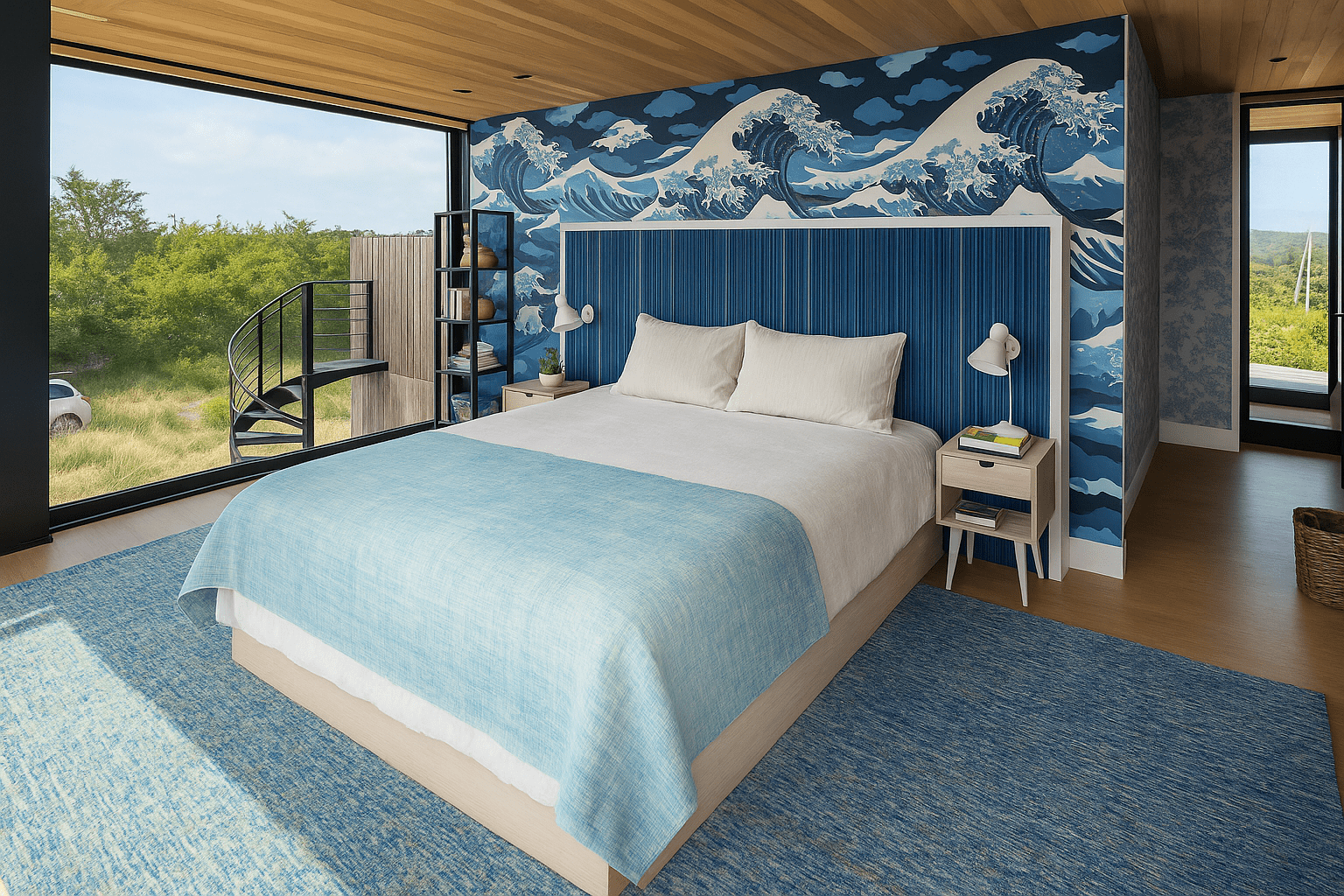 Modern bedroom with blue wave mural on the wall