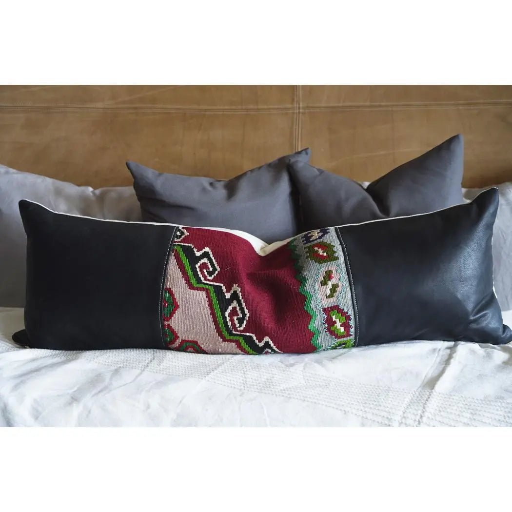 Vintage Kilim and Leather Lumbar Pillow - Unique Boho Accent - BlackLEATHERLeather PillowHUNTEDFOX - Black Leather Vintage Kilim King Pillow - HUNTEDFOX