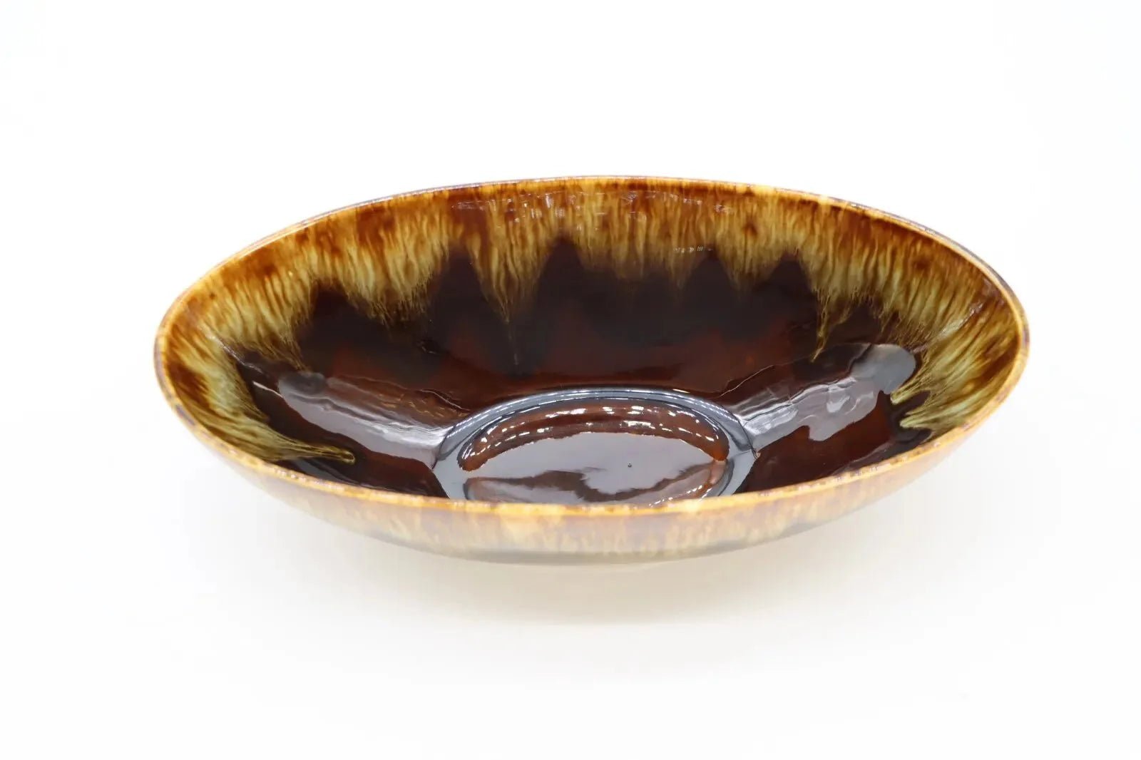 Vintage Pottery Brown Drip Glaze Oval Bowl - BrownCeramicHOME DECORHUNTEDFOX - Vintage Pottery Brown Drip Glaze Oval Bowl - HUNTEDFOX