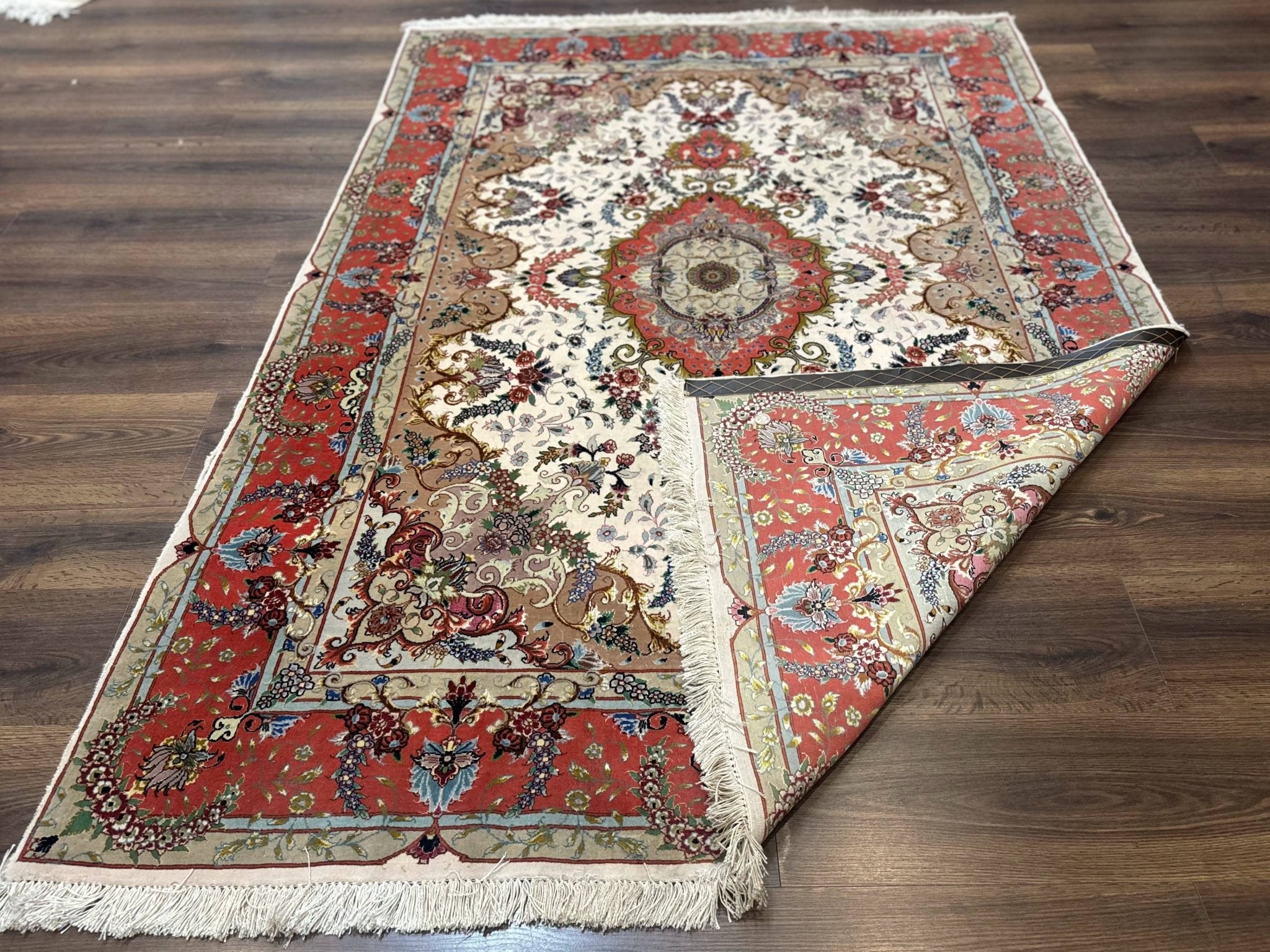 Wonderful Persian Tabriz Rug 5x7, Very Fine 440 KPSI, Ivory and Coral, Rare - Jewel RugsShopify CollectiveHUNTEDFOX - Wonderful Persian Tabriz Rug 5x7, Very Fine 440 KPSI, Ivory and Coral, Rare