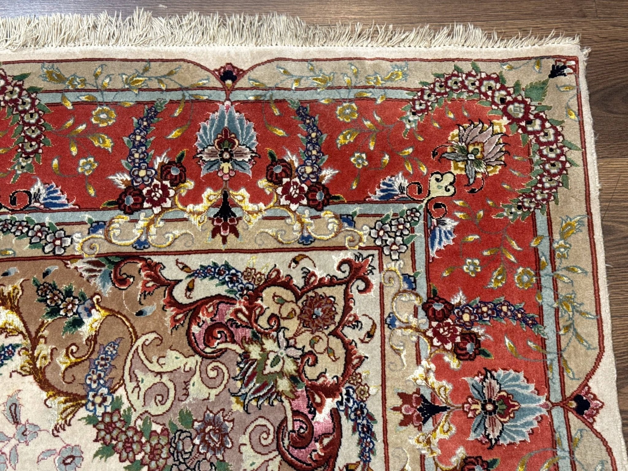 Wonderful Persian Tabriz Rug 5x7, Very Fine 440 KPSI, Ivory and Coral, Rare - Jewel RugsShopify CollectiveHUNTEDFOX - Wonderful Persian Tabriz Rug 5x7, Very Fine 440 KPSI, Ivory and Coral, Rare