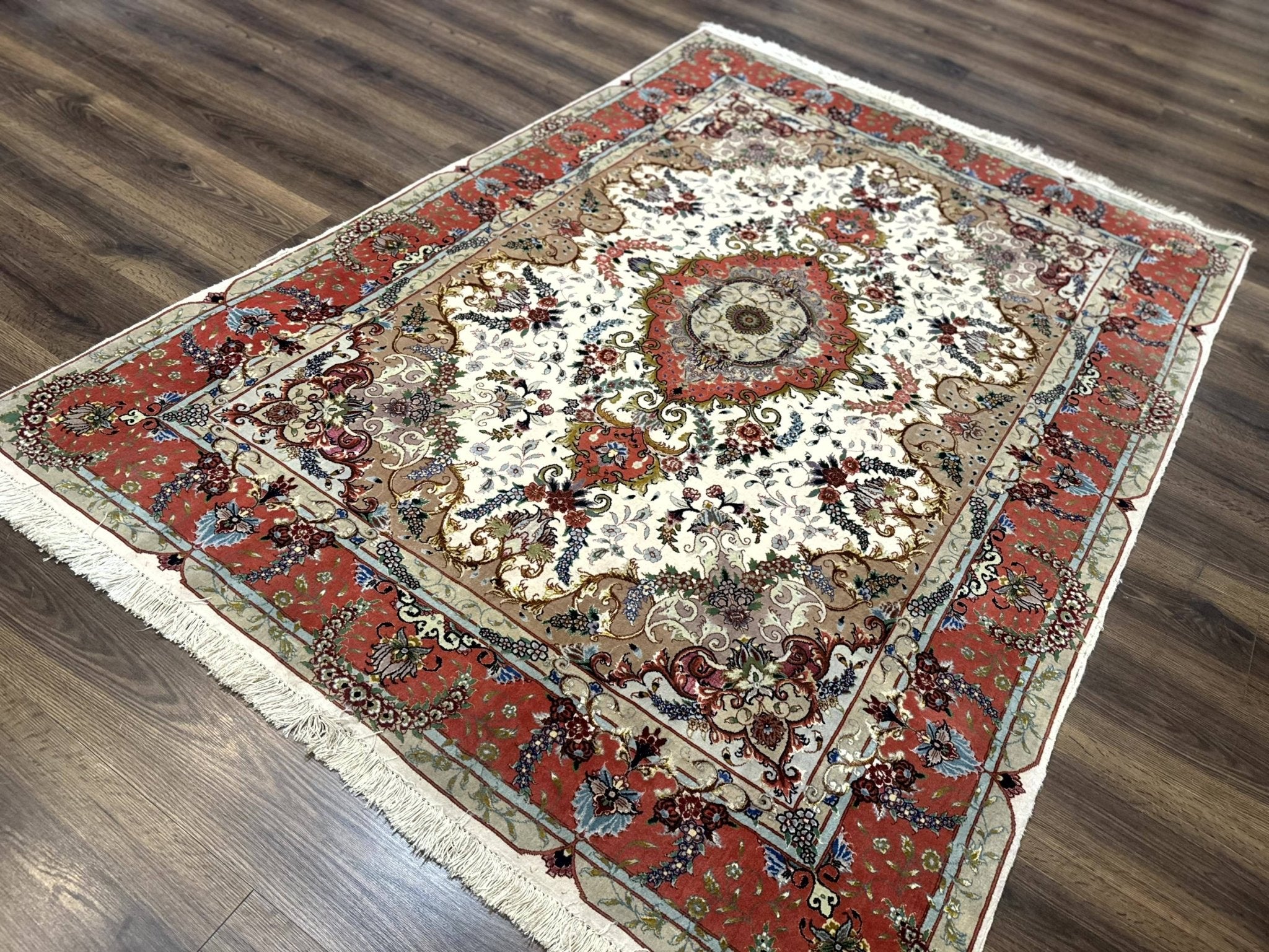 Wonderful Persian Tabriz Rug 5x7, Very Fine 440 KPSI, Ivory and Coral, Rare - Jewel RugsShopify CollectiveHUNTEDFOX - Wonderful Persian Tabriz Rug 5x7, Very Fine 440 KPSI, Ivory and Coral, Rare