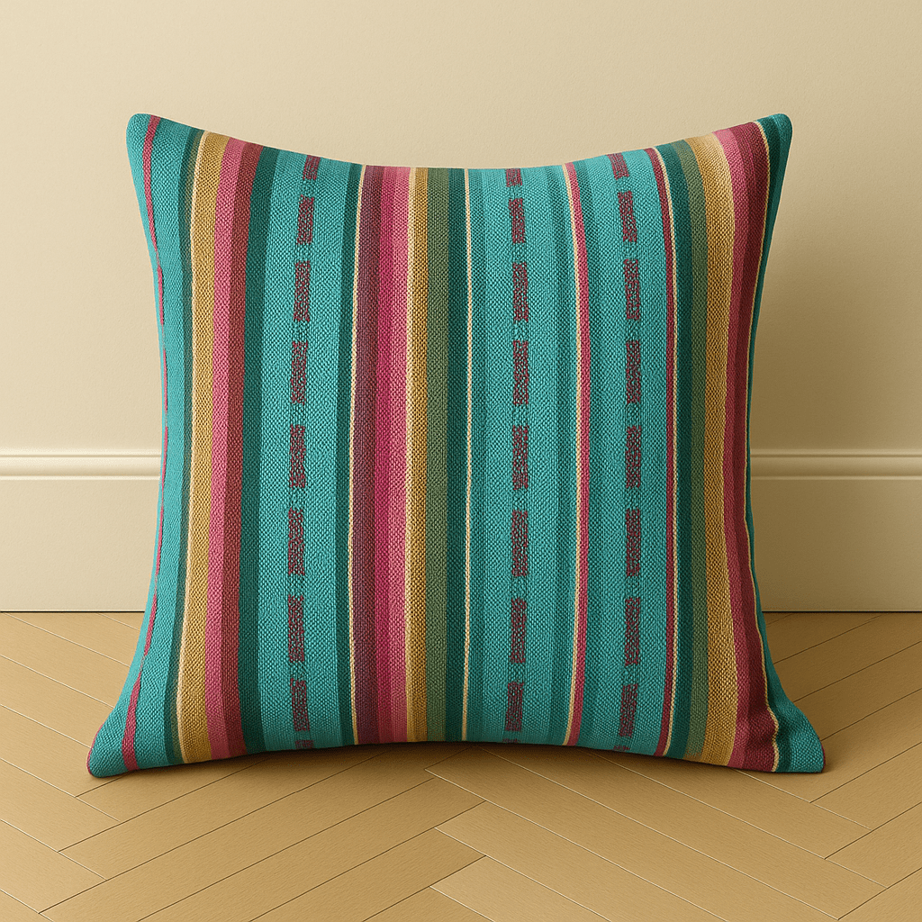 Woven Turquoise Serape Pillow – Colorful Boho Accent Cushion - BAJA CHICGreenHUNTERHUNTEDFOX - Striped pillow on a wooden floor with a beige wall background