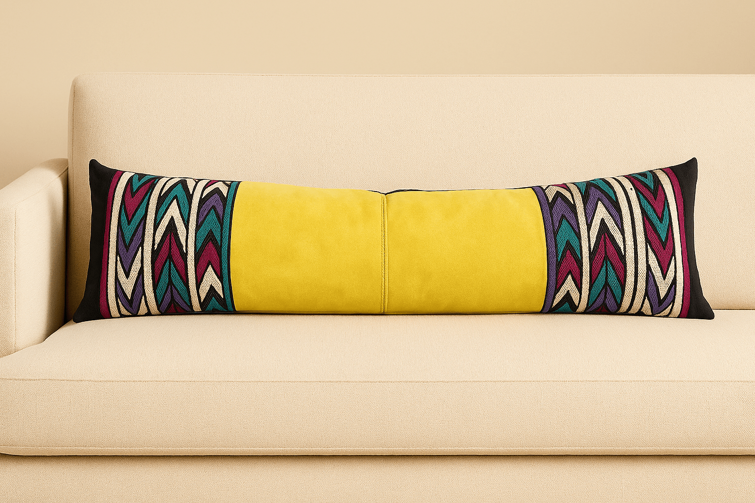 Yellow Long Lumbar Pillow - BAJA CHICbody pillowDESIGNERHUNTEDFOX - Bright yellow leather long lumbar pillow with colorful tribal zigzag embroidery, styled on a cream sofa by HUNTEDFOX