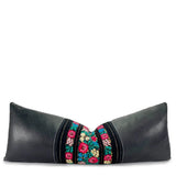 Black Leather Lumbar Pillow with Vintage Floral Tapestry