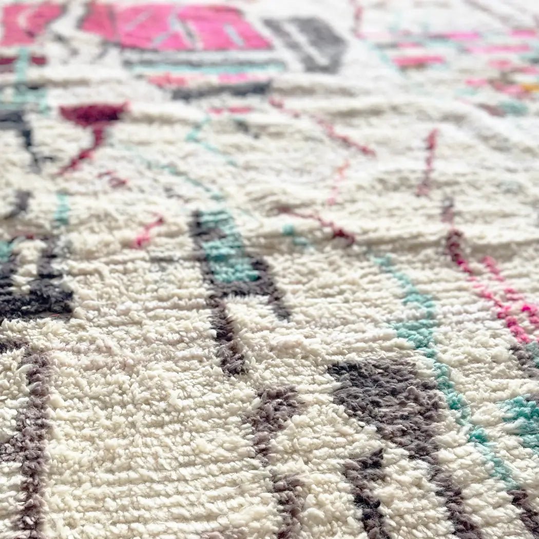 Light Yellow & Ivory Vintage Moroccan Shag Rug with Pink, Blue & Purple Accents - H U N T E D F O X