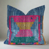 Handwoven Indigo Pillow with Neon Pink and Yellow Embroidery