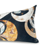 Navy and Gold Lumbar Pillow. Close image of geometric pattern and colors.
