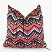 Red White Black and Mustard Chevron Pillow on white background