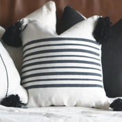 White & Black Pillow With Pom Poms - H U N T E D F O X